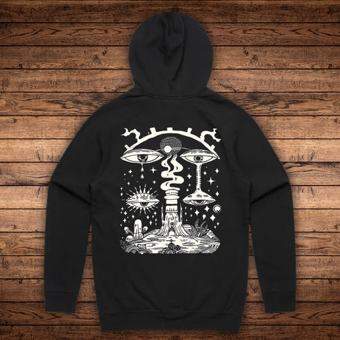 Paradoxical Perspective mystical midweight hoodie in Black, Royal Blue, and Pink, featuring a psychedelic design, kangaroo pocket, and raglan sleeves.